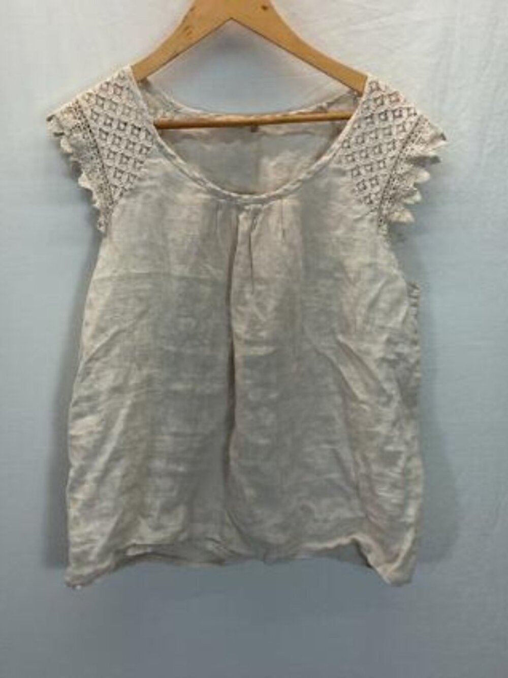 Sunflower Beige Linen Sleeveless Blouse Sz M Made In Italy Crochet Lace Boho